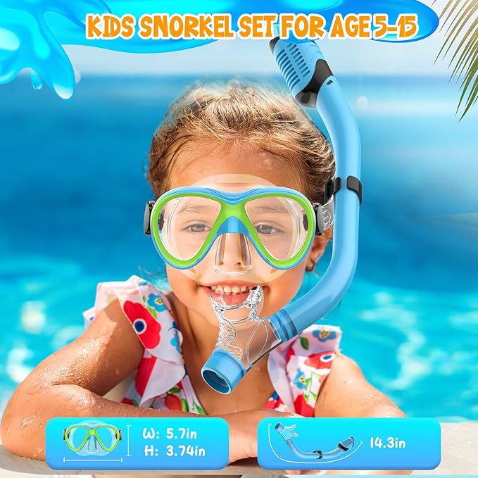 Kids Snorkel Set, Dry Top Snorkeling Gear for Kids, Diving Mask for Youth Boys Girls Age 5-15, Tempered Glass Swimming Goggles Combo Set, Anti-Fog Panoramic View Kids Snorkel Set