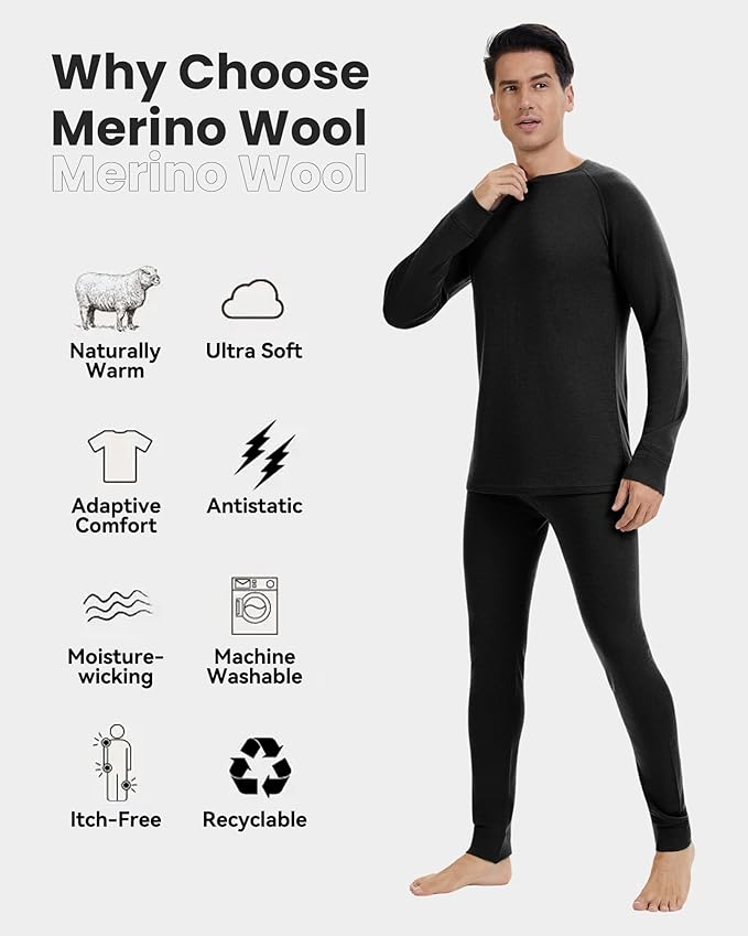 Men's 100% Merino Wool Base Layer Sets Lightweight Active Base Layer for Ski
