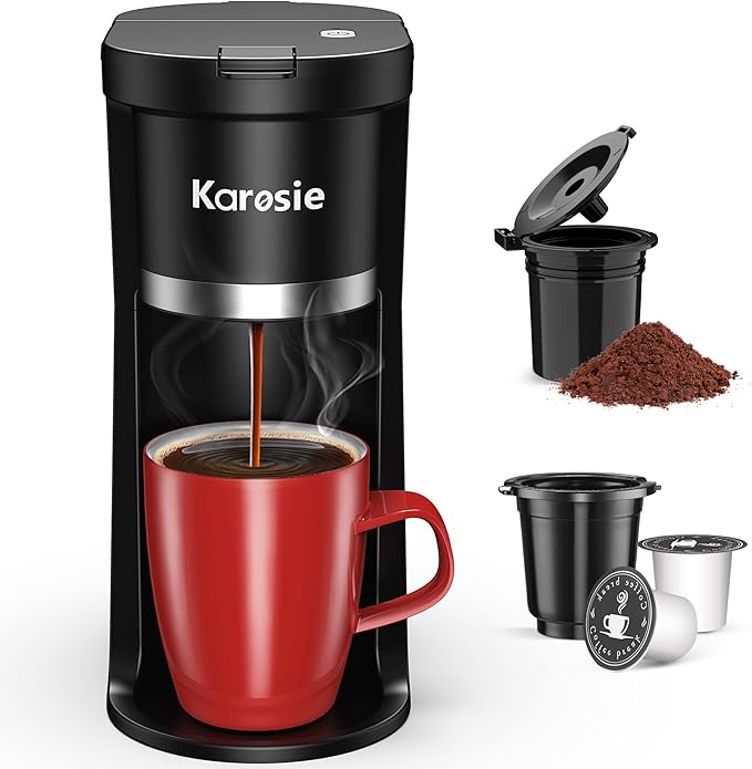 Slim Single Serve Coffee Maker, Fast Brew for K-Cup & Ground Coffee Small One Cup Coffee Maker, 6-12 Oz Brew Sizes, Coffee Machine with Descaling Reminder and Water Window,Black