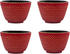 Japanese Cast Iron Tea Cups, Small and Heavy Teacups with no Handles, Japanese Style Cups for Adults, Asian Teacup, Coated with Enameled Interior, 4 Pcs/Box (Red, 3.38oz/100ml)
