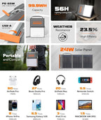 Portable Solar Charger 99.9 Wh Battery Bank Equipped with 24W Foldable Solar Panels and 600 Lumen Adjustable LED Camping Light, 65W PD USB-C, 22W QC3.0 USB A Output for Outdoor