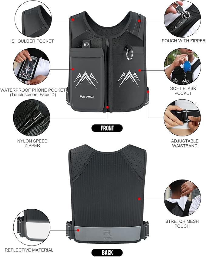 REVALI Zip Reflective Running Vests with Hydration Bottle, Adjustable Waistband & Breathable Material, Chest Pack Gear Phone Holder for Men & Women