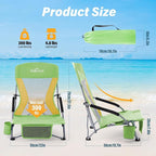 Homcosan Portable Low Folding Beach Chairs Set of 2 - Lightweight Camping Chairs for Adults with Cup Holder & Storage Pockets, Carry Bag Included (Green & Yellow)