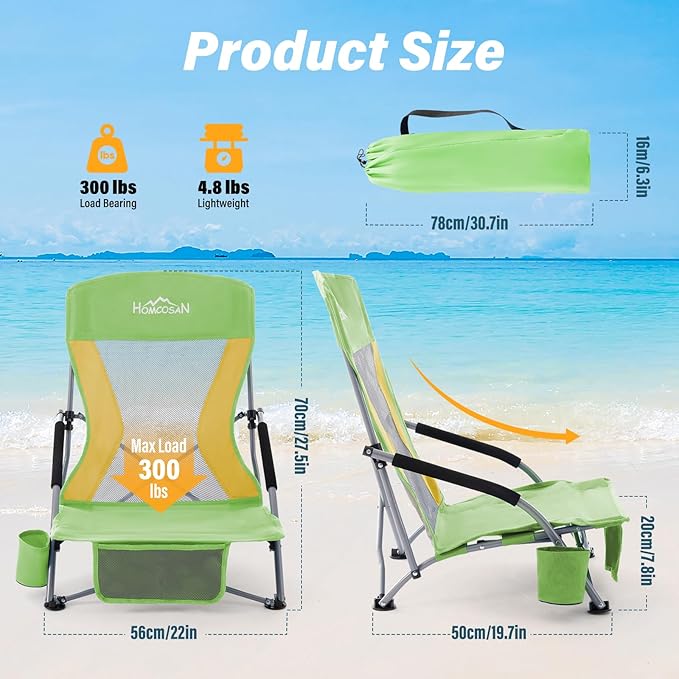 Homcosan Portable Low Folding Beach Chair - Lightweight Camping Chair for Adults with Cup Holder & Storage Pocket, Carry Bag Included (Green & Yellow)