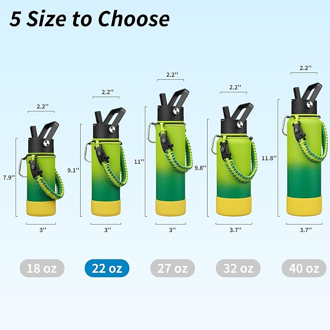 BJPKPK Insulated Water Bottle with Straw Lid, 22oz Thermo Water Bottles with 3 Lids, Paracord Handle & Non-slip Boot, BPA Free Leak Proof Stainless Steel Tumblers,Bamboo Grove