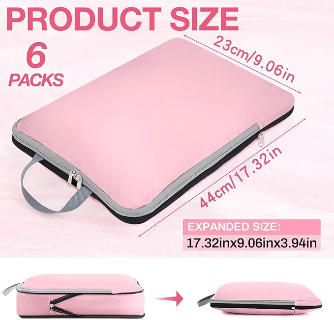 Hosuly 6 Pcs Large Compression Packing Cube Bag Travel Expandable Space Saving Organizers for Luggage Storage(Pink,17.3 x 12.6'')
