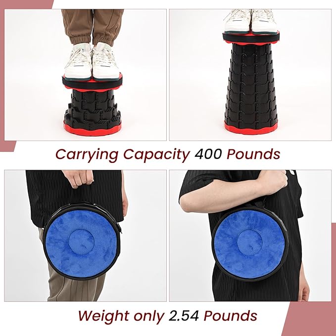 2 Pack Portable Telescoping Stools Collapsible Stool with Cushion,Retractable Foldingstool Max Load Capacity 400lbs, Portable Collapsible Stools for Camping Hiking Outdoor BBQ Black-Red