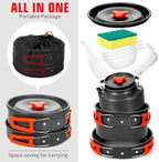 8pcs Camping Cookware Camping Pots and Pans Set with Kettle Plastic Bowls and Soup Spoon for Camping, Backpacking, Outdoor Cooking and Picnic