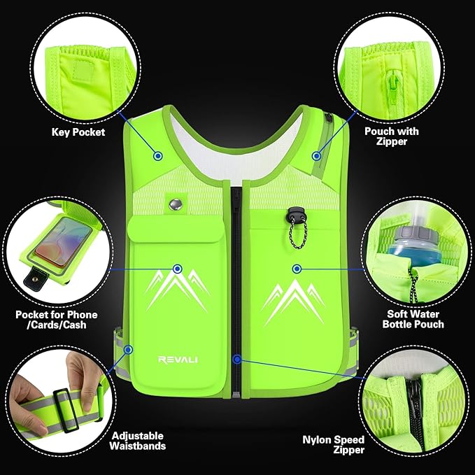 REVALI Zip Reflective Running Vests with Hydration Bottle, Adjustable Waistband & Breathable Material, Chest Pack Gear Phone Holder for Men & Women