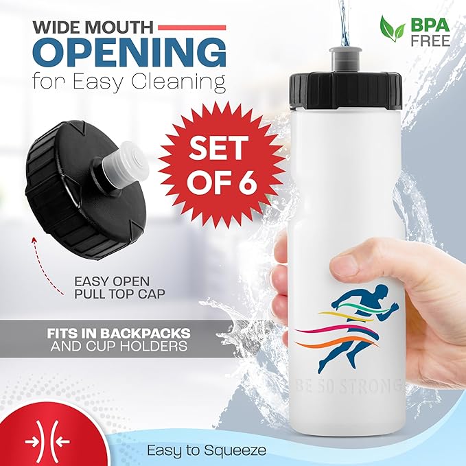 50 Strong Sports Water Bottles – Reusable 22 oz BPA-Free Plastic Bottles with Pull Top Cap – Made in USA – Top Rack Dishwasher Safe – Fits Most Bike Cages Brand