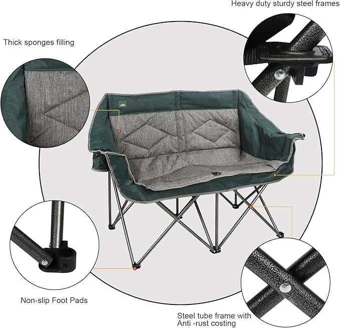 Northroad Folding Loveseat Camping Chair Portable Double Duo Full Padded Garden Chair for 2 Person Sofa w/ 2 Cup Holder,Wine Glass Holder,Mesh Storage,Support 600lbs for Picnic Beach Travel