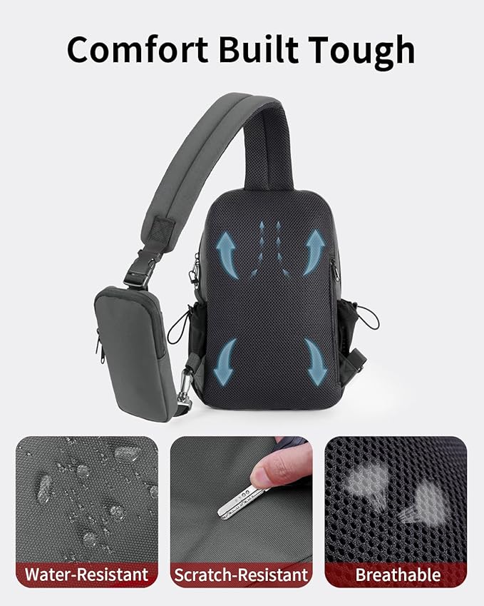 ECOHUB Crossbody Bags for Women Men, Anti-Theft RFID Blocking Roomy Sling Backpack with Sturdy SBS Zippers Water Resistant Chest Shoulder Bag Daypack with 9 Pockets Travel Hiking, Grey