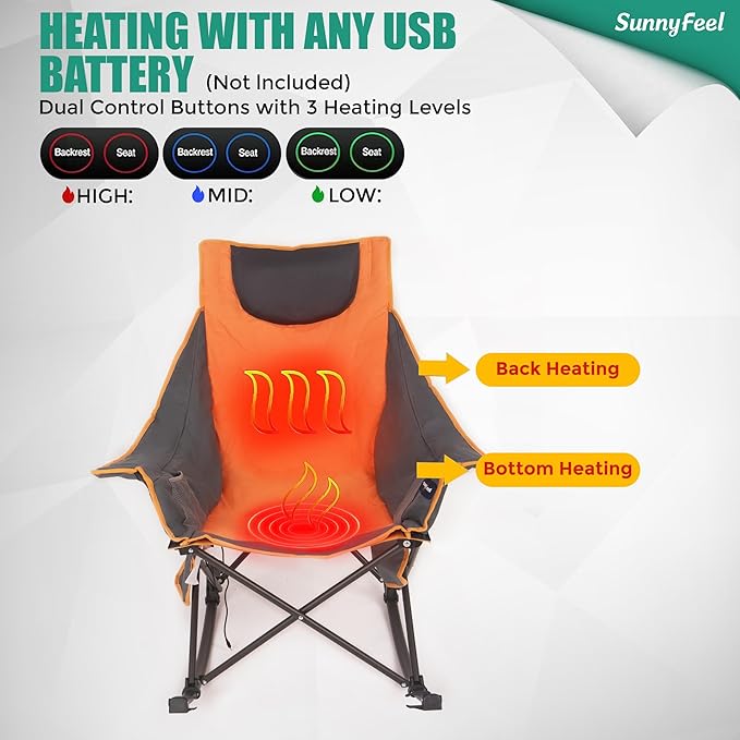 SUNNYFEEL Oversized Heated Camping Chair, Folding Rocking Camping Chairs with Luxury Padded Recliner,Carry Bag, 300 LBS Heavy Duty for Lawn/Outdoor/Picnic/Patio, Portable Rocker Camp Chair