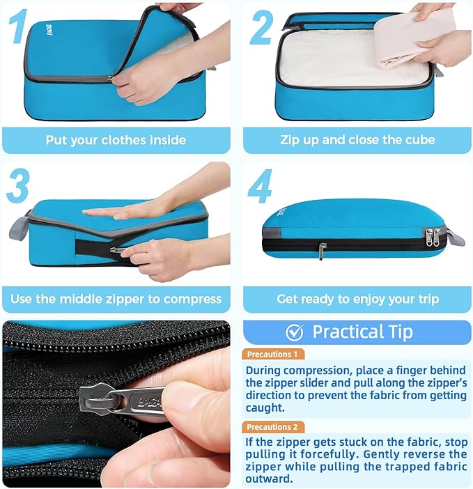 BAGAIL 4 Set/6 Set/8 Set Compression Packing Cubes Travel Accessories Expandable Packing Organizers (Cloth Pattern, 4-Blue)