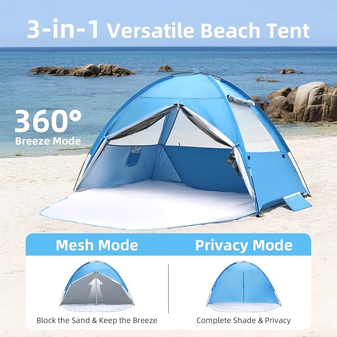 Beach Tent Sun Shelter for 4/5 Person - UPF 50+ UV Protection Portable Beach Shade Sun Canopy, Waterproof & Lightweight, Easy Setup Beach Tent for Family Beach Trips, Picnics, Camping