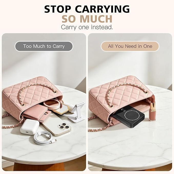 Magnetic Wireless Power Bank, 5000mAh Portable Charger with LED Makeup Mirror & Phone Stand, 20W USB-C Fast Charging Battery Pack for iPhone 17/16/15/14/13/12 Series, Black Butterfly