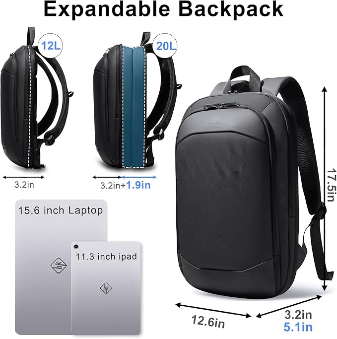 hk Slim Laptop Backpack, Lightweight Expandable High-Tech Business Work Backpack for Men Women,15.6 Inch Anti-theft Waterproof Travel Backpack Durable College Casual Daypack Computer Laptop Bag-Black