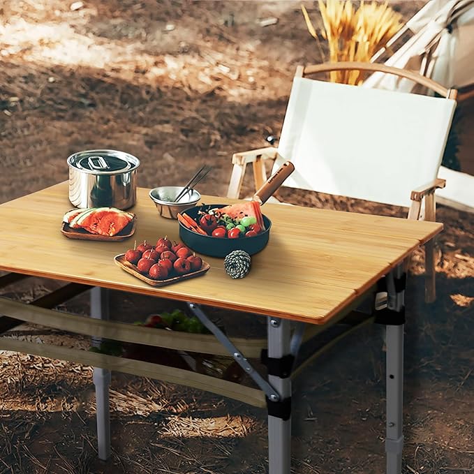 Bamboo Folding Camping Table 4 Folds with Adjustable Aluminum Legs Portable Picnic Table with Storage and Carry Bag for Outdoor Hiking Beach 2-4 Person
