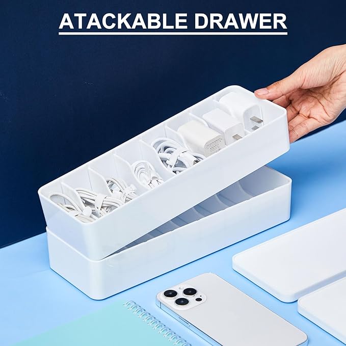 Tatuo 1 Pcs Cable Organizer Box with Wire Ties, Plastic Cord Storage Box with Lid, Electronics Organizer for Home Office Desk Organizers and Accessories (White)