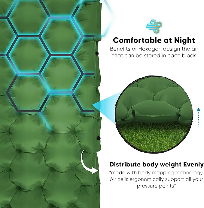 POWERLIX Double Camping Sleeping Pad Camping Pad for 2 Person with Pillow Built-in Foot Pump Inflatable Sleeping Pad for Camping, Backpacking, Hiking, Portable Camping Mattress Green