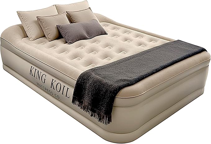 King Koil Luxury Built-in Pillow Top Queen Air Mattress with Built-in High-Speed Pump Best for Home, Camping, Guests, 20" Queen Size Double High Airbed, Blow Up Mattress, Waterproof, 1-Year Warranty