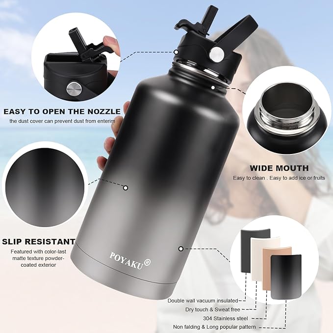 Water Bottle Insulated 32oz 40oz 64oz 128oz Straw Lid Spout Lid & 3 Lids, Leak Proof, Vacuum Insulated,Stainless Steel Water Bottle Wide Mouth for Sports, Gym or Office