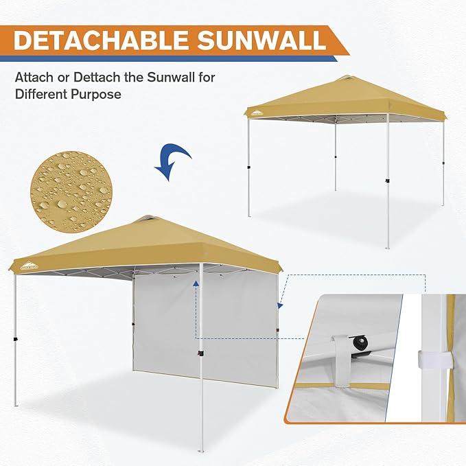 EAGLE PEAK Pop Up Canopy Tent with 1 Sidewall, Easy Setup Event Tent, Outdoor Sun Shade, Wheeled Carry Bag, Stakes and Guy Ropes, Instant Canopy 10x10, Beige