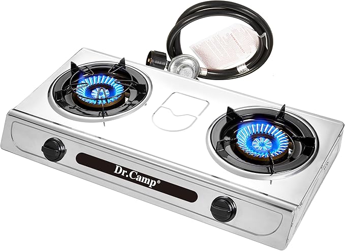 30000 BTU 2 burner outdoor garden camping camp hiking propane stove cooker grill with CSA listed regulator and gas hose, gray color