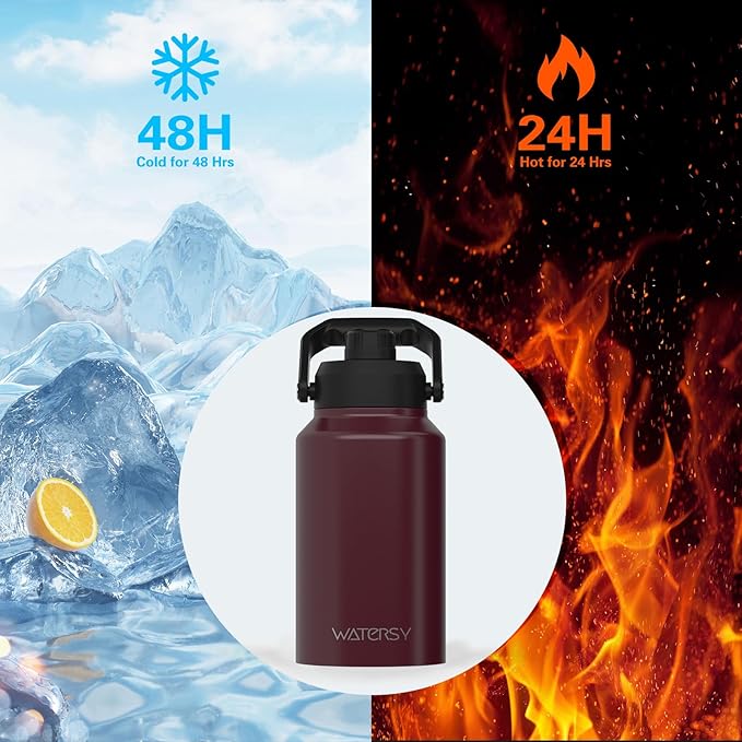 WATERSY 2/3 Gallon Water Bottle Insulated(Cold for 48 Hrs),BPA Free&Leak Proof,87oz Stainless Steel Water Jug/Flask,Big thermo,Large Water Bottle with Handle for Gym,Hiking,Camping,Brick Red
