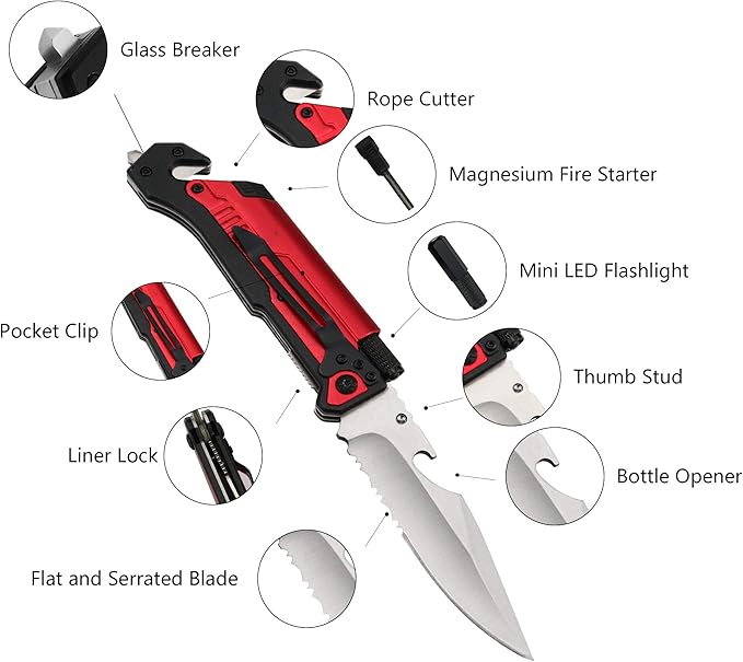 ALBATROSS Best 6-in-1 Survival Tactical Military Folding Pocket Knives with LED Light,Seatbelt Cutter,Glass Breaker,Magnesium Fire Starter,Bottle Opener;Multi-Function Emergency Tool(Red-SA)