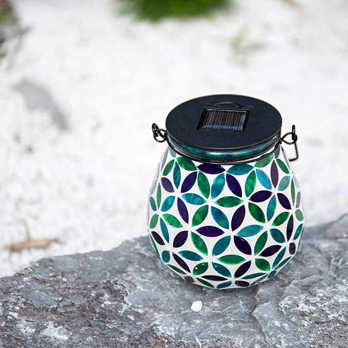 Afirst Mosaic Solar Lanterns Outdoor - Glass Hanging Solar Lights Hollow Out Waterproof Table Lamp Outdoor Decorative for Garden, Patio, Holiday Party Outdoor Decoration
