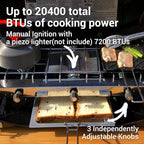 Camping Stove, 3 Burners Propane Portable Camp Stove with Regulator & Griddle, Push-Button Instant Ignition, Portable Camp Grill, Adjustable Burners for Camping Cooking (BLACK-20400 BTUs)