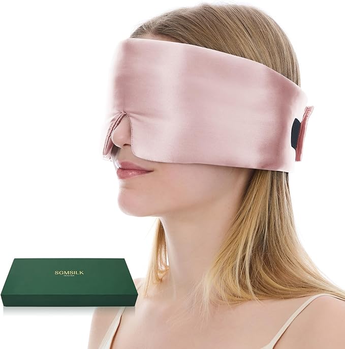 100% Mulberry Silk Sleep Mask, Large Size Travel Eye Masks for Side Sleepers, Adjustable Sleeping Mask for Women and Men, 100% Blackout Eye Mask for Sleeping Soft Pink