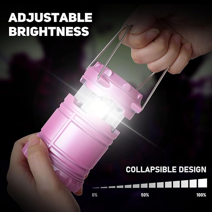 4-Pack Mini LED Pink Camping Lanterns, Portable Camping Lights, Outdoor Handled Lamps, Essential Emergency Lights for Power Outages, Hiking, Hurricane