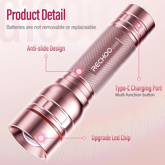 Rechargeable Flashlights High Lumens, G1000 Super Bright Flash Light Pink, Small Zoomable LED Flashlight with 3 Lighting Modes, Portable Tactical Flashlight for Camping Essentials, Gift for Women