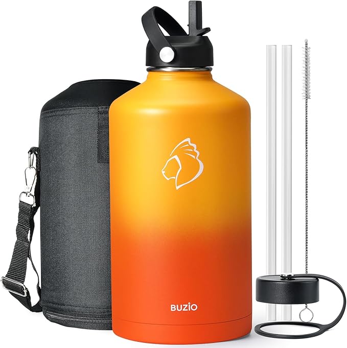 BUZIO 128oz Gallon Water Bottle, Insulated Water Jug with Straw Lid and Carrying Sleeve (Cold for 48 Hrs) Stainless Steel Hydro Metal Canteen Water Flask, Yellow Orange