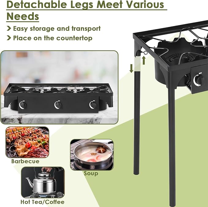 GYMAX Camping Stove, 3 Burner Propane Camp Stove w/Detachable Legs, 225,000-BTU Output, 20 PSI Regulator & CSA Certification, 30’’ Outdoor Gas Stove, High Pressure Propane Burner for BBQ (3 Burner)
