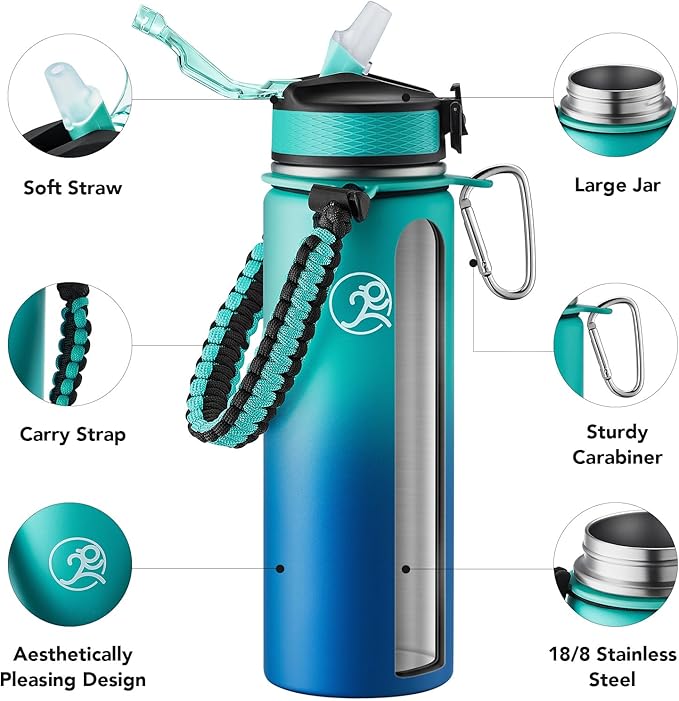 GOSWAG Insulated Sports Water Bottle, 24oz 2 Lids(with Straw/No Straw), Stainless Steel Water Bottles with Paracord Handle, Insulated Bottle with Double-Wall Vacuum Insulation