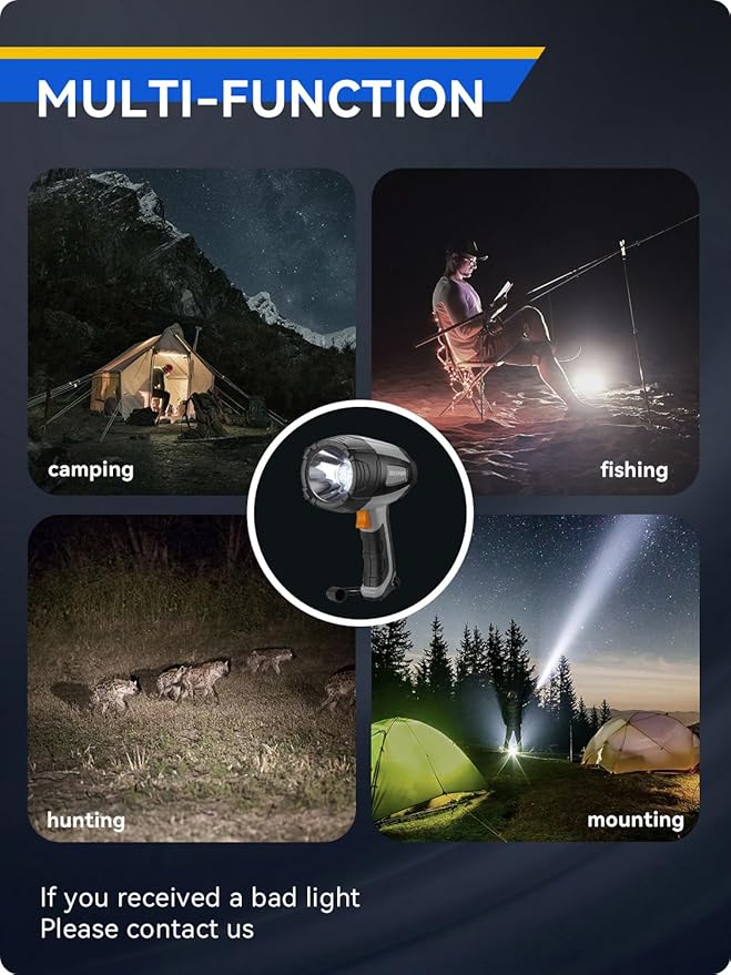 Durapower Rechargeable Spotlight, 500 Lumens LED Spotlight Flashlight, IPX2 Waterproof Handheld Spot Light for Indoor Outdoor Farm Camping Emergency (Grey)