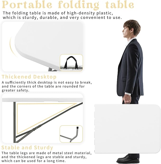 Set of 2 Folding Table 6 FT Lightweight Camping Table Portable Plastic Rectangular Outdoor Dining Table Steel Legs Fold-in-Half with Carrying Handle for Indoor,Picnic,Party,Wedding,Events(White)