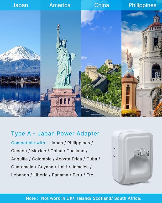 1 Pack US to Japan Plug Adapter, VINTAR PD 35W Foldable Japan Travel Essentials with 4 Outlets and 3 USB Ports(2 USB-C), 2 Prong to 3 Prong Outlet Adapter for USA to Japan Canada Philippine, Type A