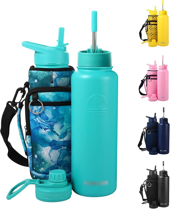 40 Oz Water Bottle with Strap Stainless Steel Sports Water Bottle with 3 Lids (Straw, Chug and Flip Lid) Insulated Leak Proof Metal Jug for Men & Women - Teal