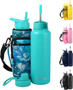 40 Oz Water Bottle with Strap Stainless Steel Sports Water Bottle with 3 Lids (Straw, Chug and Flip Lid) Insulated Leak Proof Metal Jug for Men & Women - Teal