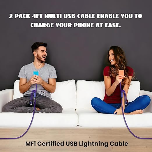 Multi Charging Cable(2Pack 4FT), Nylon Braided 3 in 1 Universal Charger Cable Multiple Charger Cord with Type-C/Micro USB and IP Port, Compatible with Most Cell Phones（Purple）