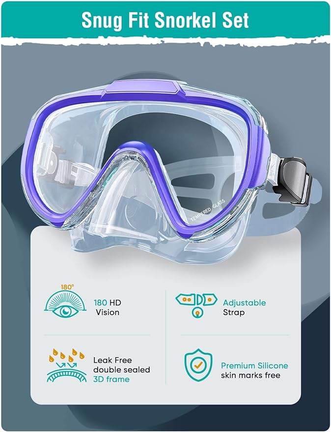 Snorkel Set Adults Snorkeling Gear Anti-Fog Panoramic View Swim Mask Dry Top Snorkel Kit with Carry Bag for Snorkeling Scuba Diving Swimming Travel