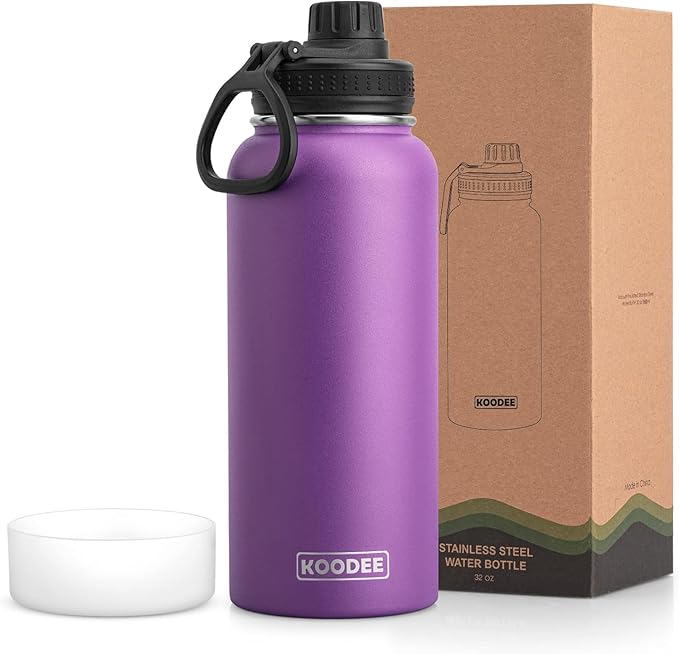 koodee Insulated Water Bottle, 32 oz Stainless Steel Double Wall Vacuum Wide Mouth Sport Bottle with Leakproof Spout Lid (Purple)