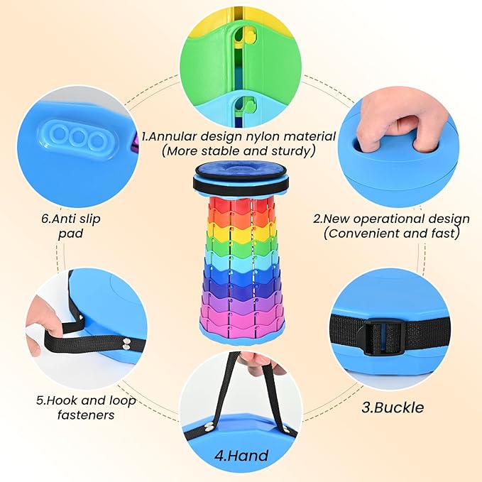 2 Pack Upgraded Collapsible Stool Folding Stool with Cushion,Retractable Folding Stool Max Load Capacity 400lbs, Portable Telescoping Stools for Camping Hiking Outdoor BBQ Fishing-Rainbow