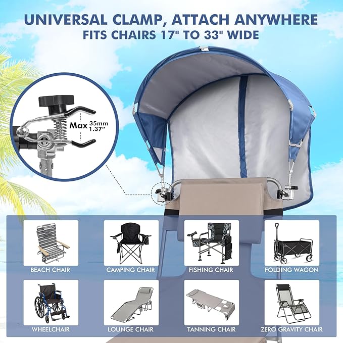 Universal Chair Umbrella Canopy, UPF 50+ Sun Shade with Adjustable Clamp, Fits Most Brands’ Beach, Camping, Lawn, Tanning, Zero Gravity, Lounge & Fishing Chairs, Patent Design