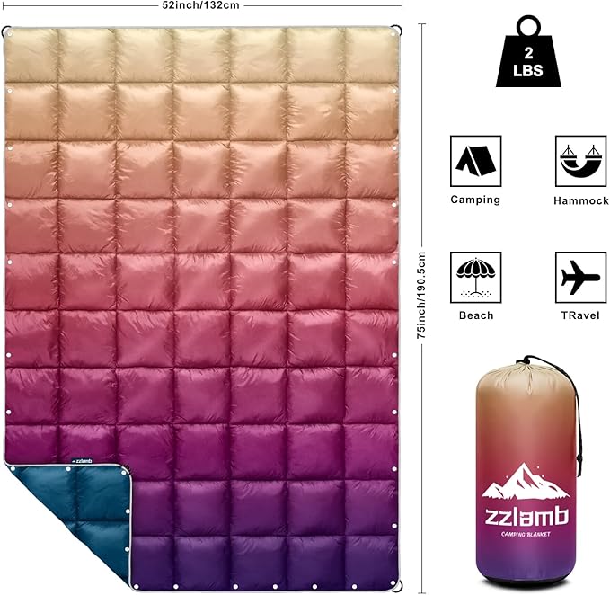 zzlamb Camping Blanket, Outdoor Lightweight Travel Blanket Puffy Portable Down Alternative, Windproof Warm Cloak with Snaps, Cozy Quilt Backpacking Picnic RV Plane Car Hammock Beach Climbing