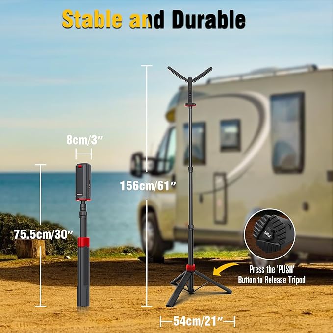 Rechargeable Work Light with Tripod Stand - 8000mAh 2200 Lumen Dual Head, 3000K/6400K IP54 Waterproof, Magnetic Base & Carry Bag for Construction/Camping, Aluminum, 61"